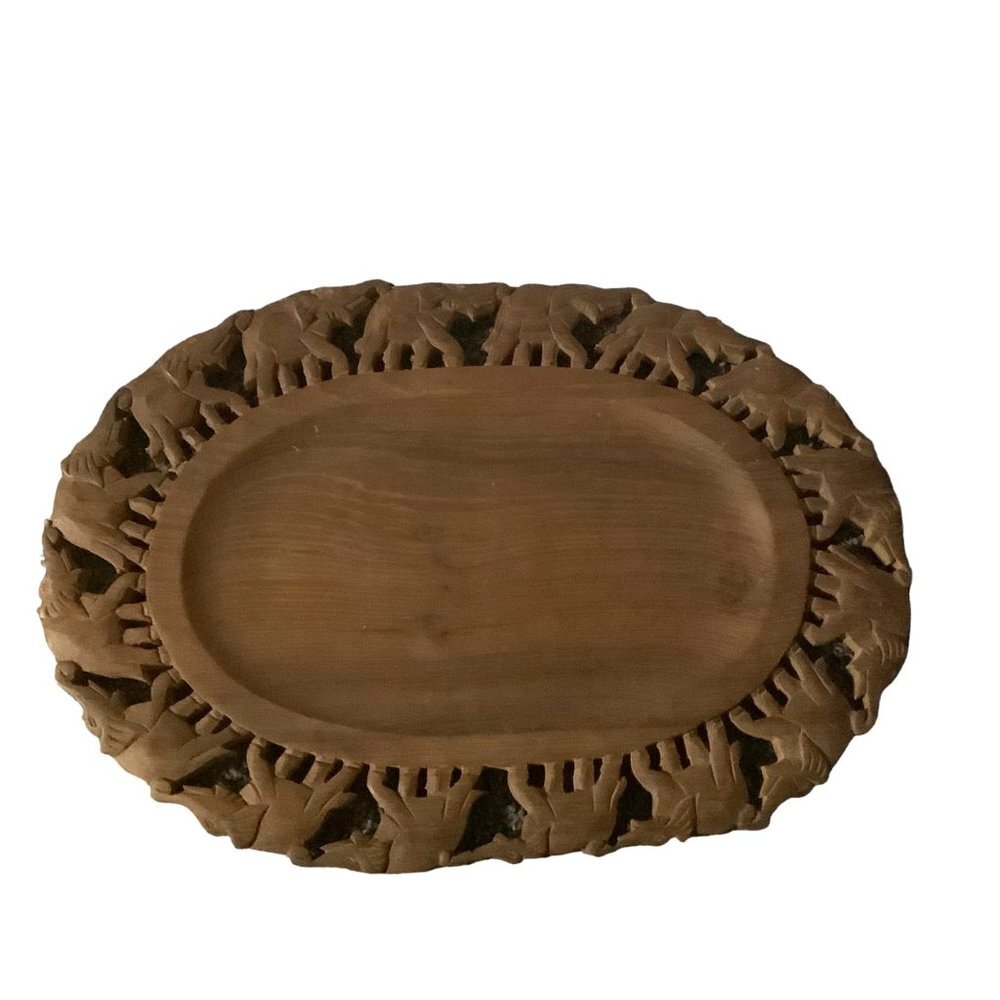 Elephant Parade Border Oval Carved Hard Wood‎ Decorative Plate Tray 14" x 10"